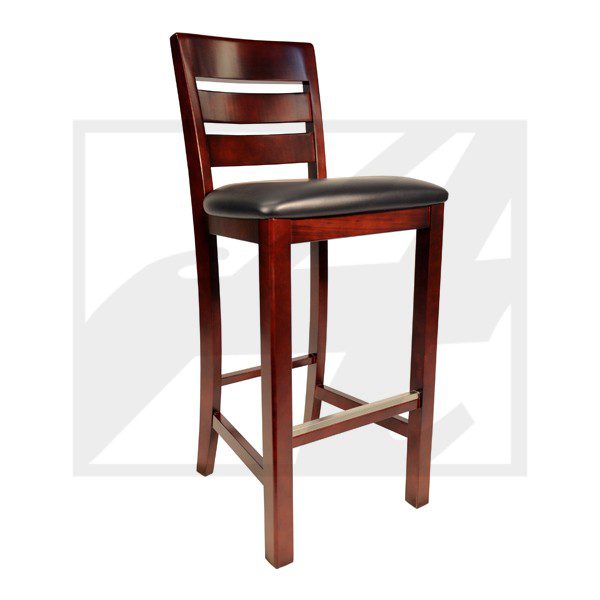 Wooden bar stool with a cushioned seat and ladder back.
