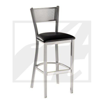 Modern metal bar stool with black cushioned seat and backrest.