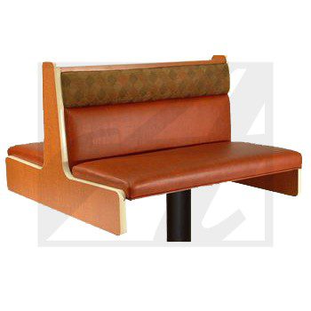 Orange and brown restaurant booth seating with a black pedestal base.