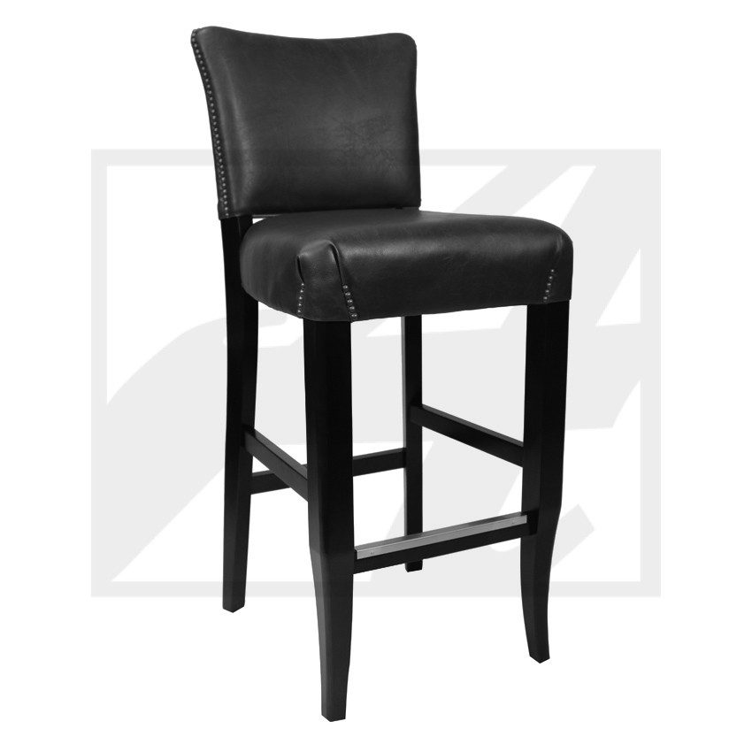 Black leather bar stool with wooden legs and footrest.