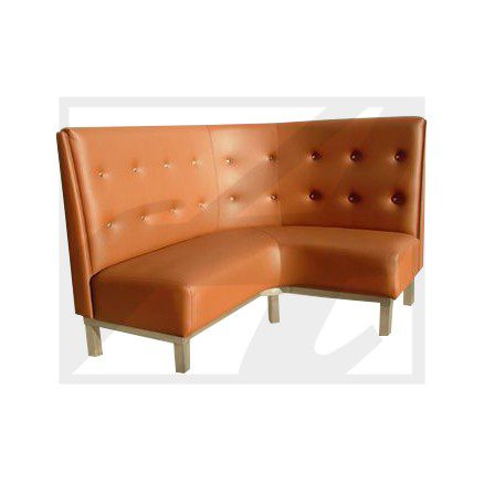 Orange leather corner booth seating with white legs.
