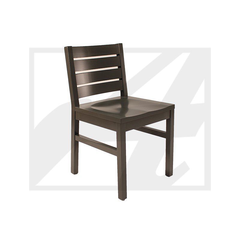 Simple wooden chair with a dark finish and slatted backrest.