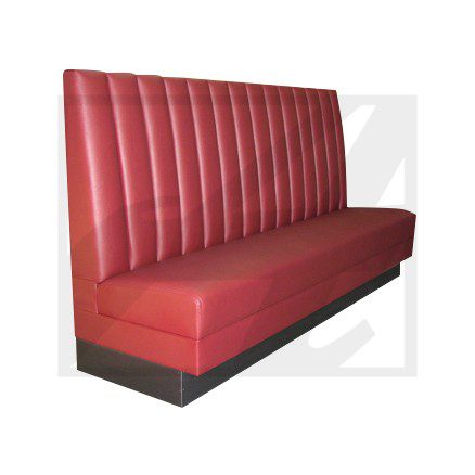 Red vinyl booth seating with vertical stitching.