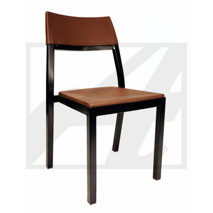 Modern chair with wooden seat and backrest on black metal frame.
