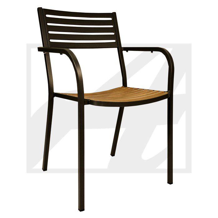 Modern black metal chair with wooden seat and armrests.