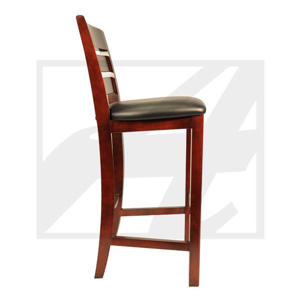 Side view of a wooden bar stool with a cushioned seat and backrest.