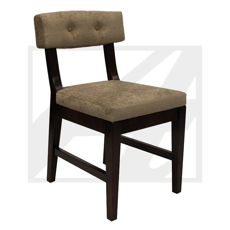Modern wooden chair with cushioned seat and backrest in brown fabric.