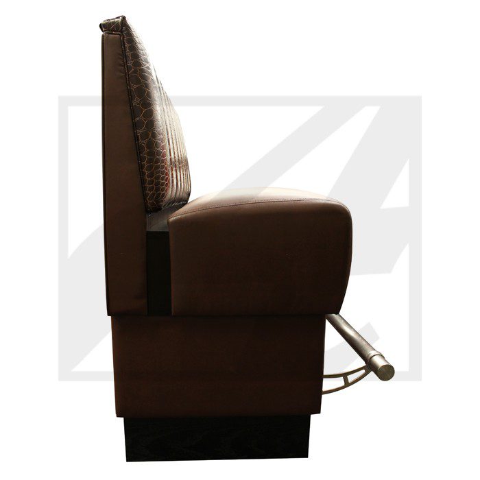 Side view of a brown cushioned chair with a metal lever.