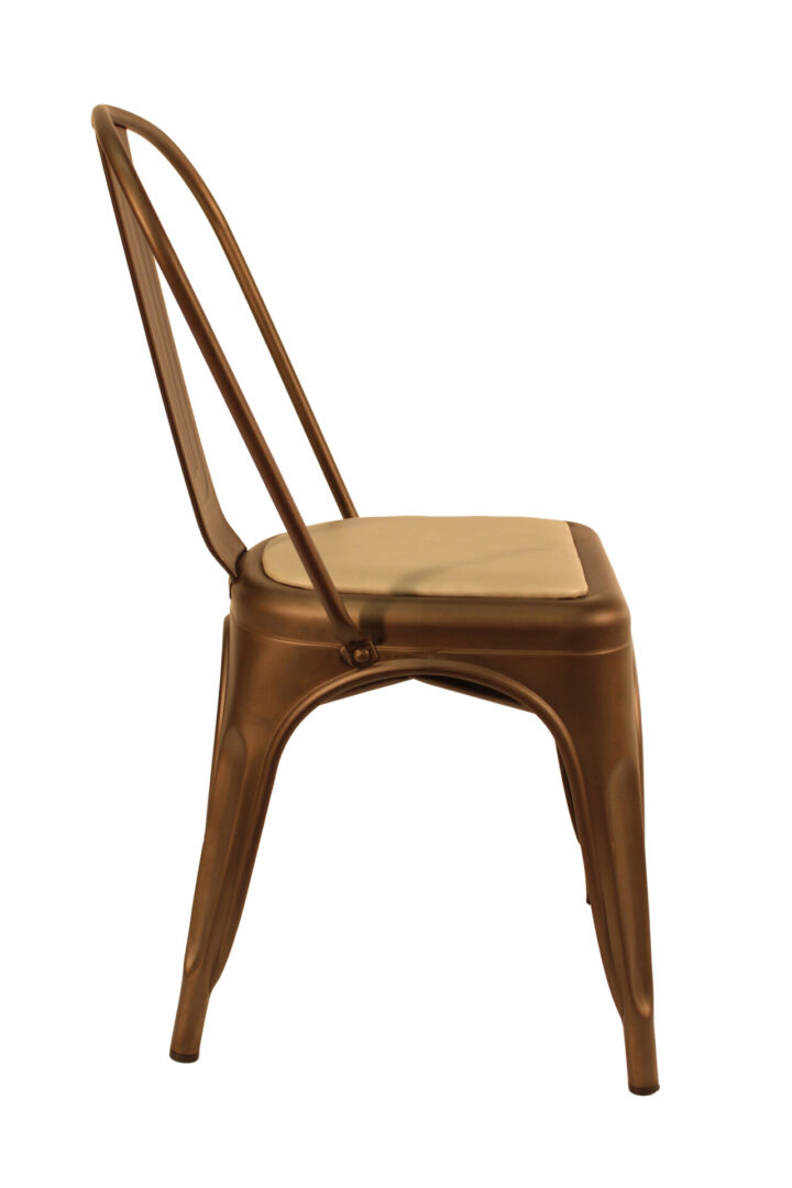 Rustic metal chair with a brown finish and wooden seat.