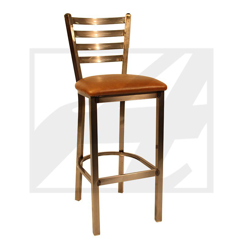 Wooden bar stool with a cushioned seat and ladder back design.