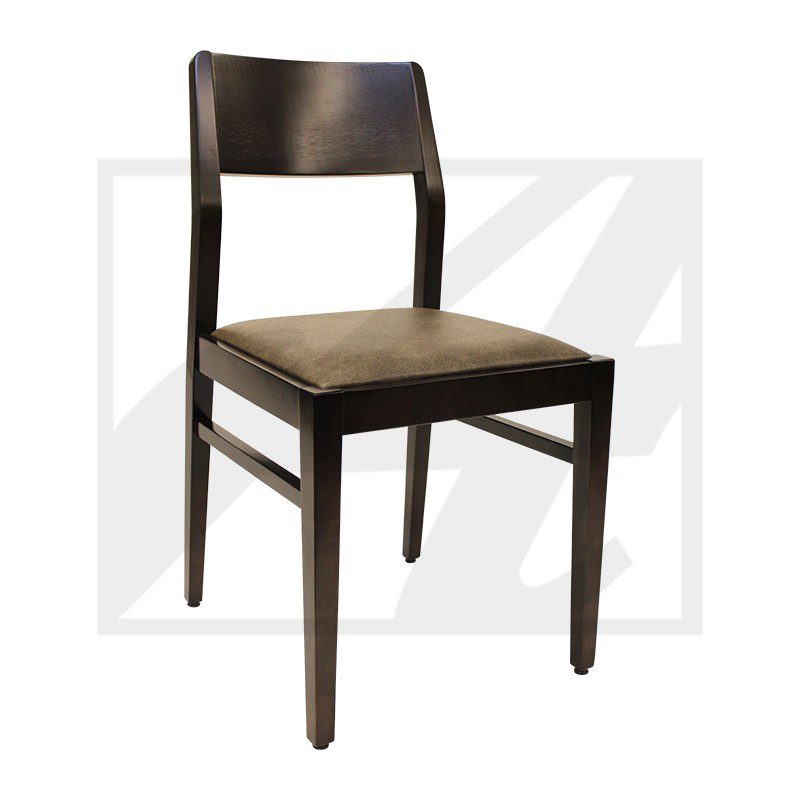A modern wooden chair with a cushioned seat.
