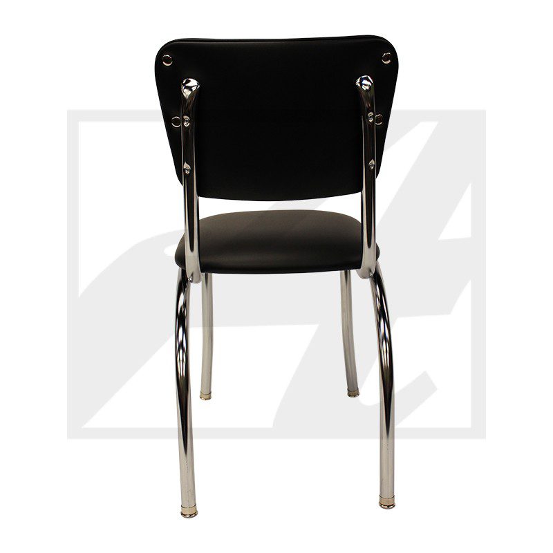 Black chair with metal legs viewed from the back.