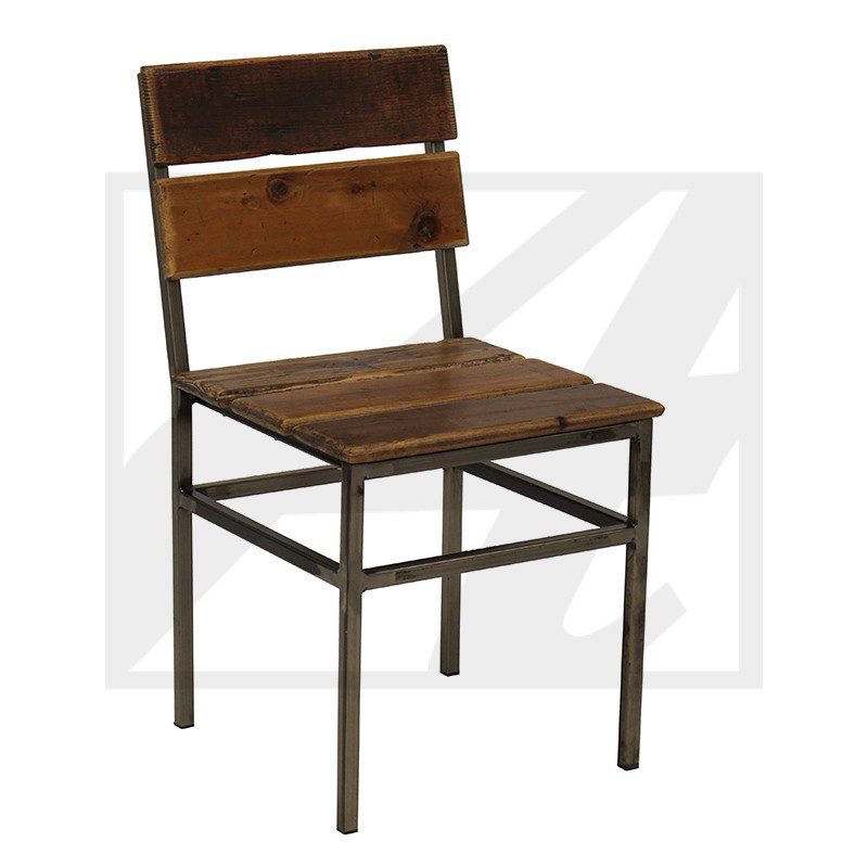 Rustic wooden chair with metal frame and backrest.