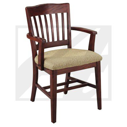 Wooden armchair with cushioned seat and vertical slat backrest.