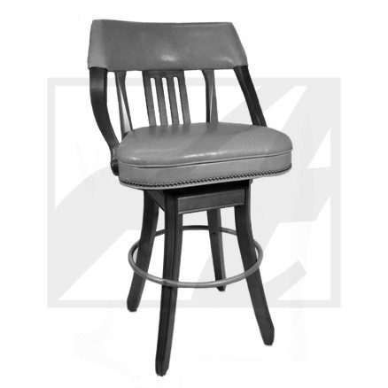 Black swivel bar stool with cushioned seat and backrest.
