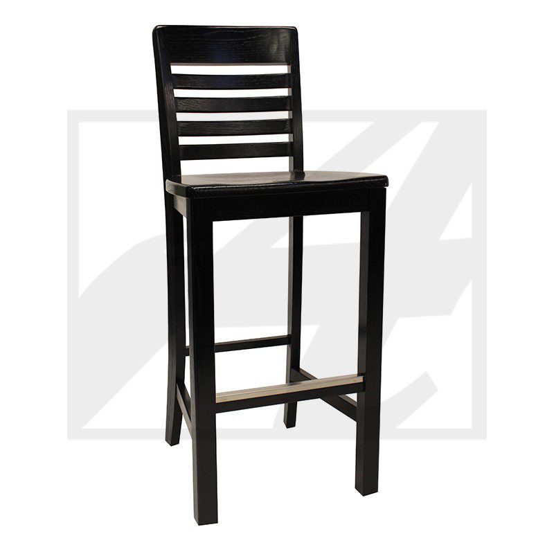 Black wooden bar stool with a slatted backrest.