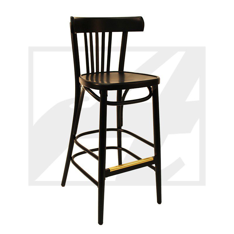 Black wooden bar stool with a round seat and vertical backrest slats.