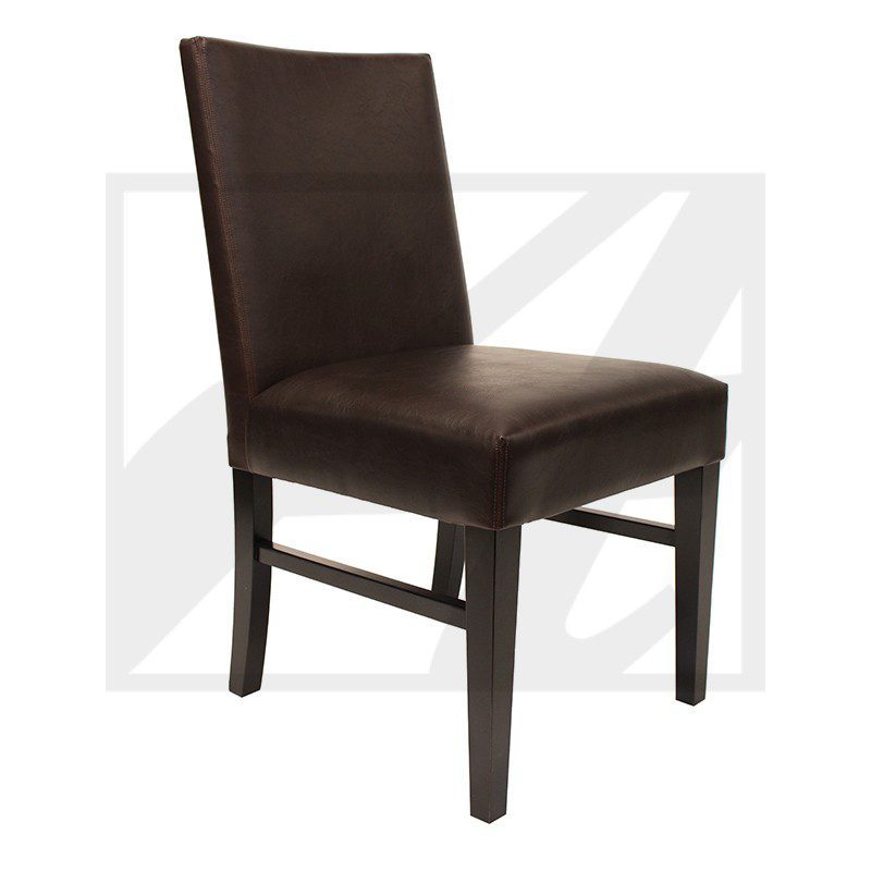 Elegant dark brown leather dining chair with wooden legs.
