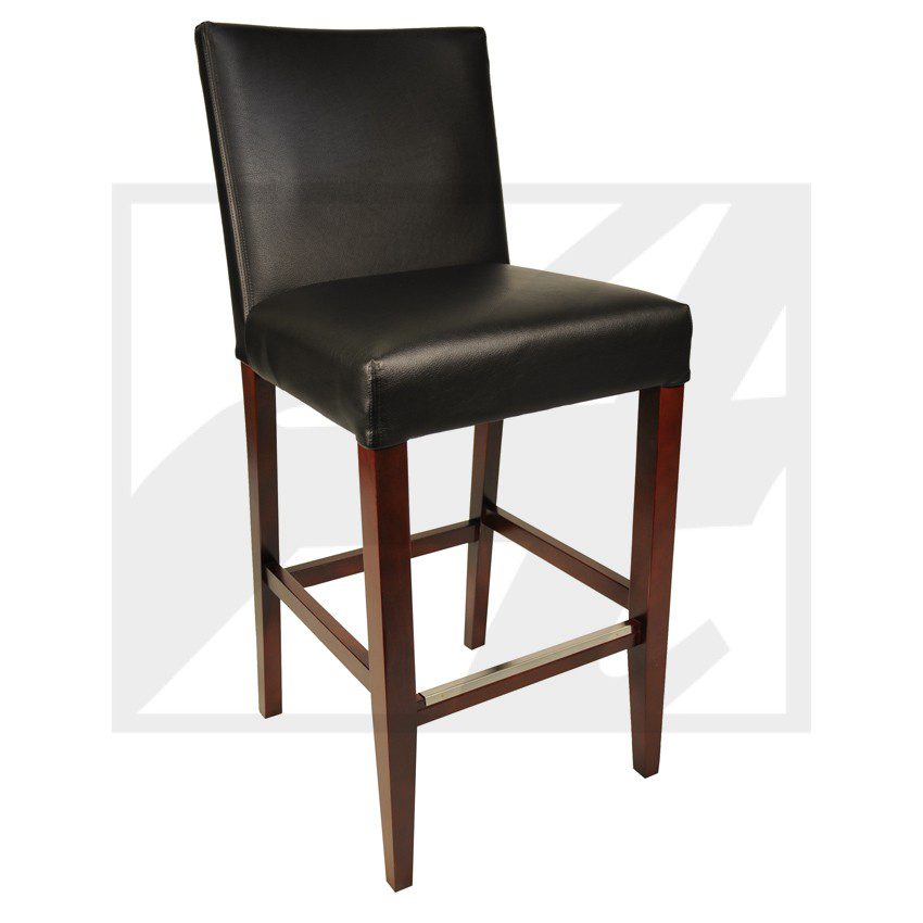Tall bar stool with black leather seat and wooden legs.