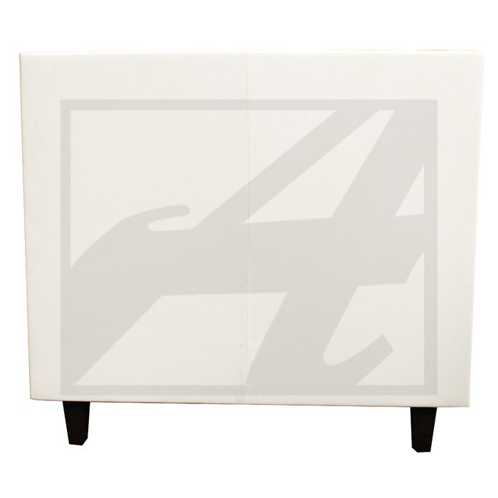 White cabinet with a glass door and black legs.