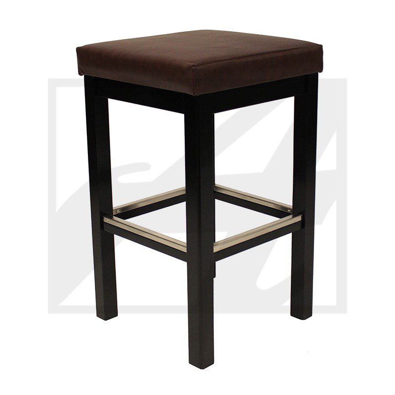 Square wooden stool with a cushioned seat and footrests.