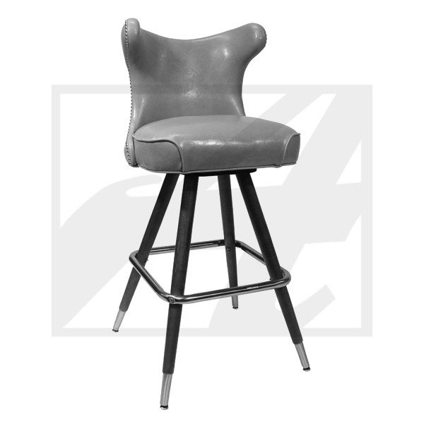 Gray cushioned bar stool with wooden legs and footrest.