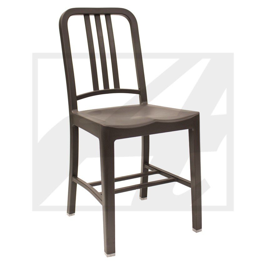 A simple, dark wooden chair with vertical slats on the backrest.