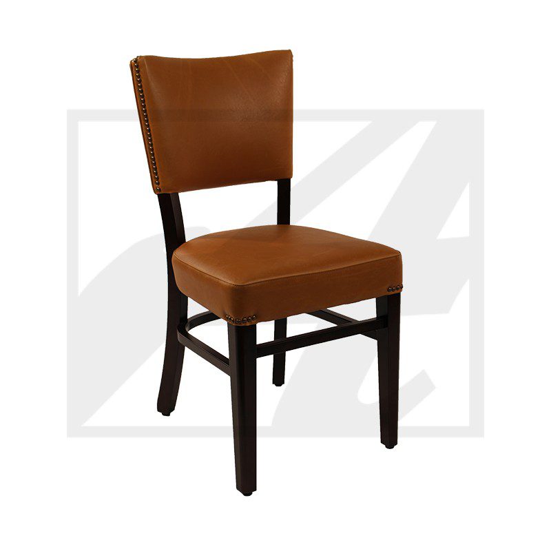 Brown leather dining chair with dark wooden legs.