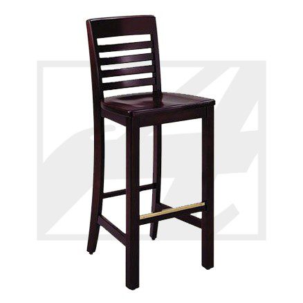 Dark wooden bar stool with horizontal slats on the backrest.