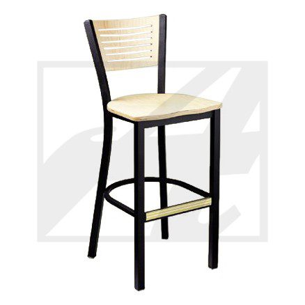 Modern bar stool with black frame and light wood seat and backrest.