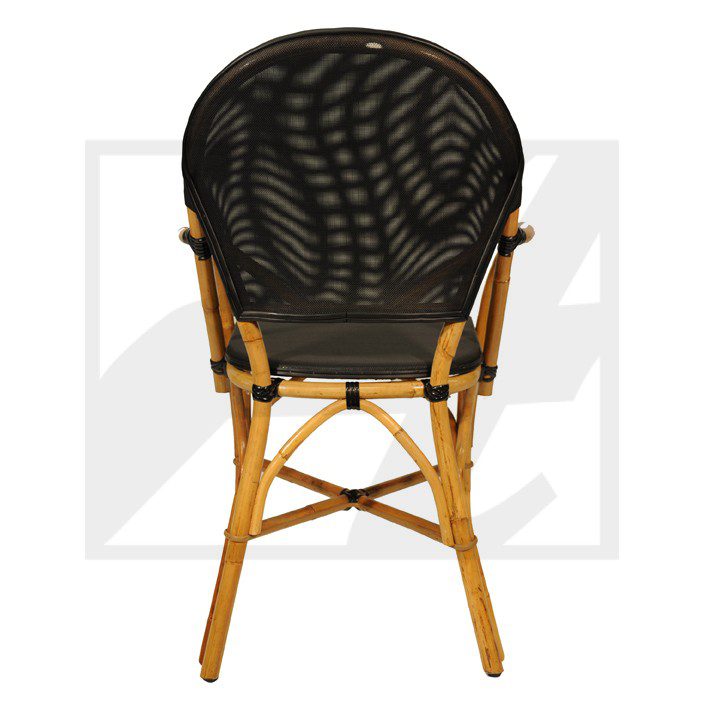 Back view of a stylish bistro chair with a woven black seat and bamboo frame.