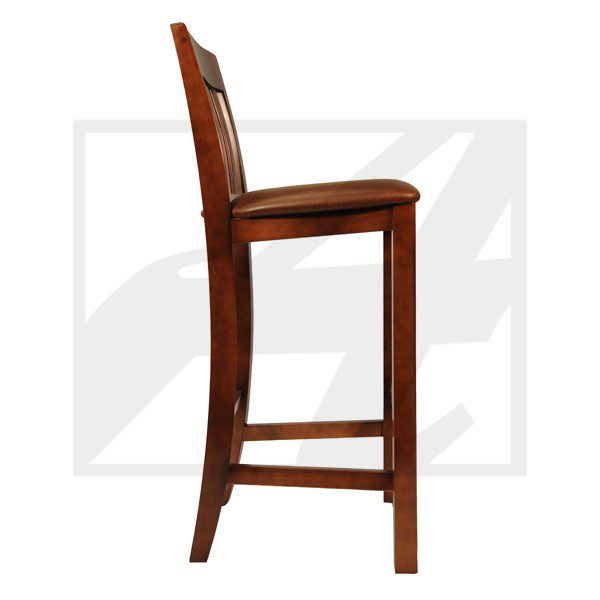 Elegant wooden bar stool with a leather seat and backrest.