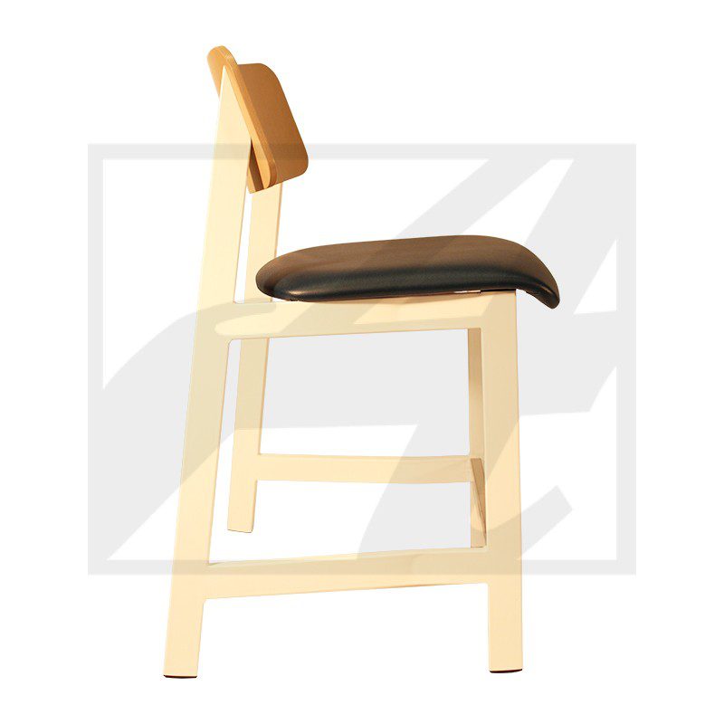Side view of a modern wooden chair with a cushioned seat.