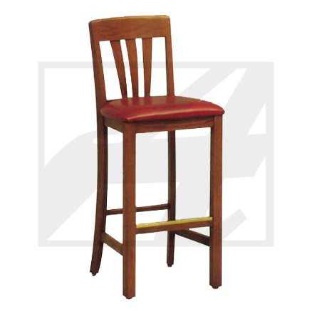 Wooden bar stool with red cushioned seat and footrest.