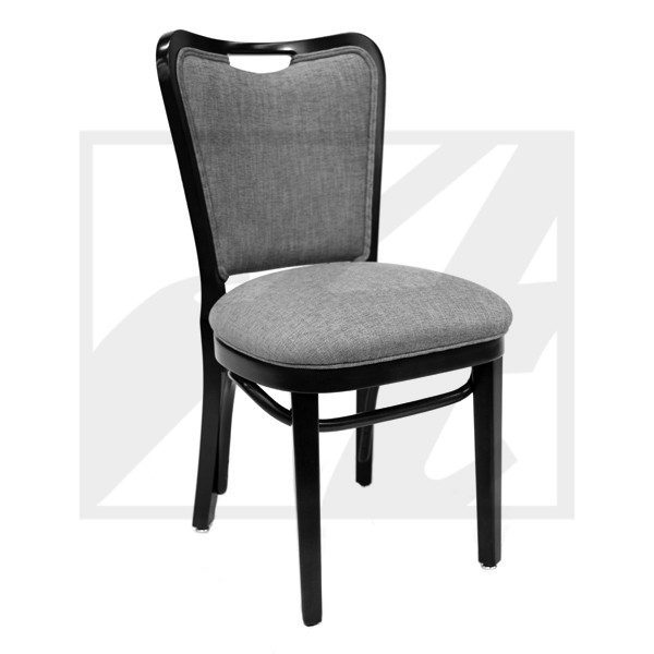 Elegant black wooden chair with a cushioned gray seat and mesh backrest.