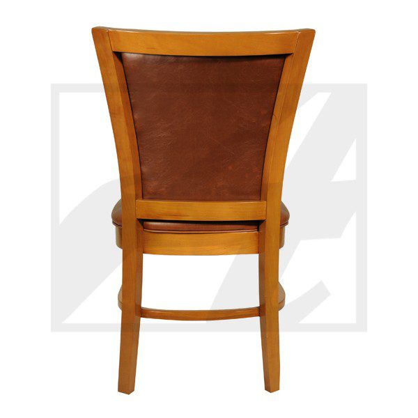 Wooden chair with brown cushioned backrest seen from behind.