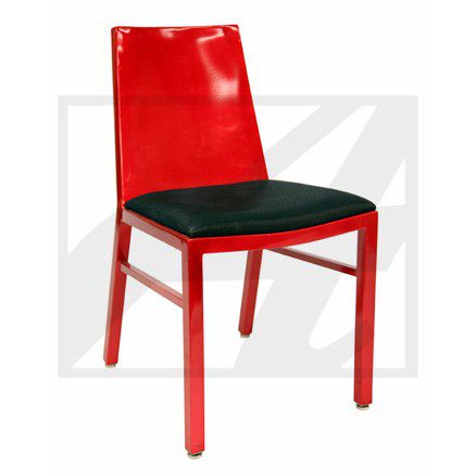 Modern red chair with a black cushioned seat.