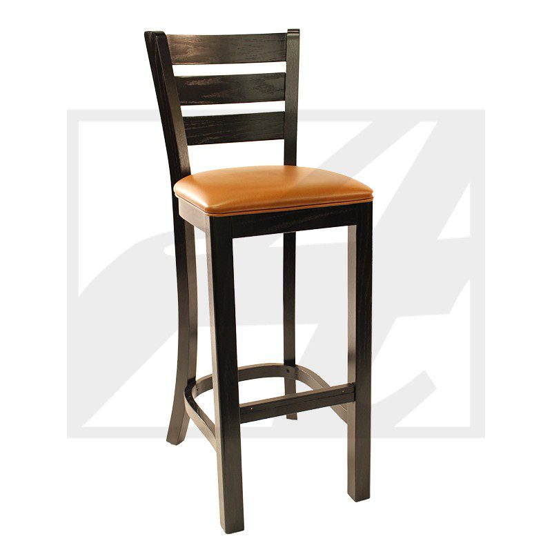 Tall wooden bar stool with an orange cushioned seat.