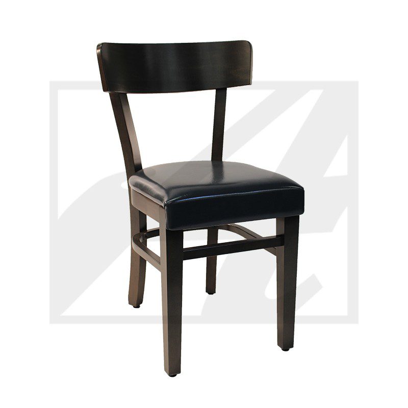 Classic wooden chair with a padded black seat and backrest.