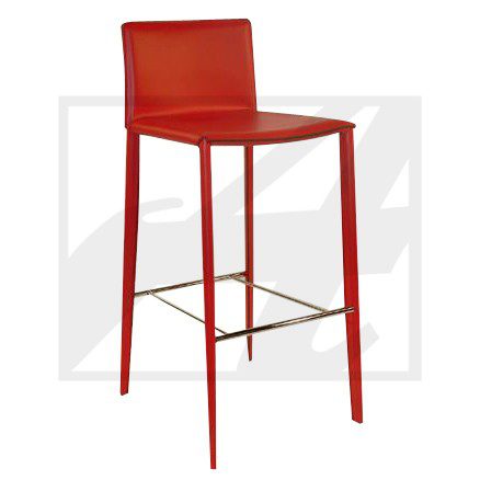 Modern red bar stool with slim legs and footrest.