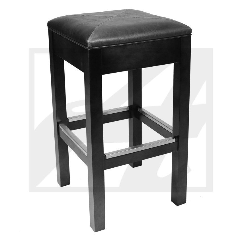 Black leather bar stool with wooden legs and footrest.