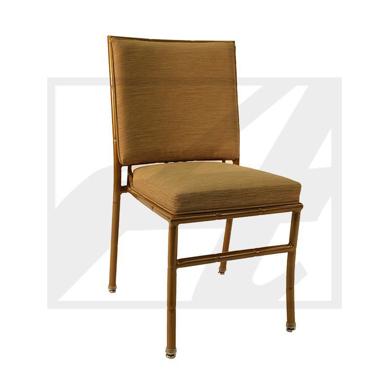 Wooden chair with cushioned seat and backrest in brown fabric.
