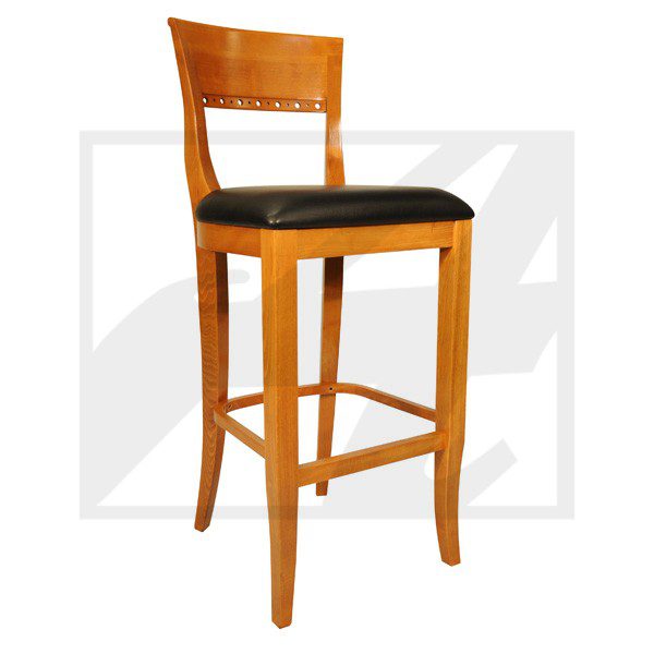 Wooden bar stool with black cushioned seat and simple backrest.
