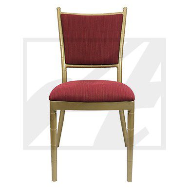 Elegant wooden chair with red cushioned seat and backrest.