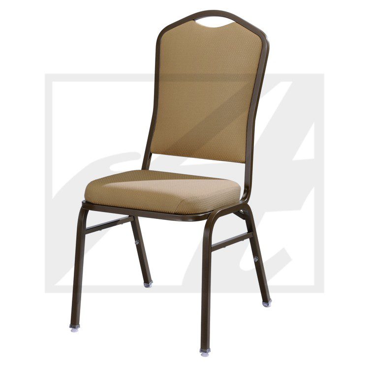 A beige cushioned chair with a metal frame and a handle on the backrest.