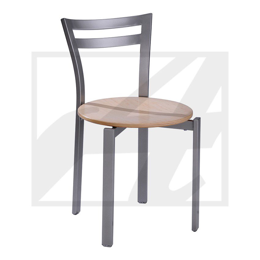 Simple chair with a metal frame and wooden seat.