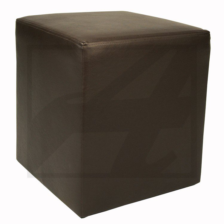 A brown leather cube ottoman with a smooth finish.