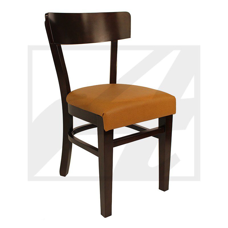 Wooden chair with a brown cushioned seat and dark frame.