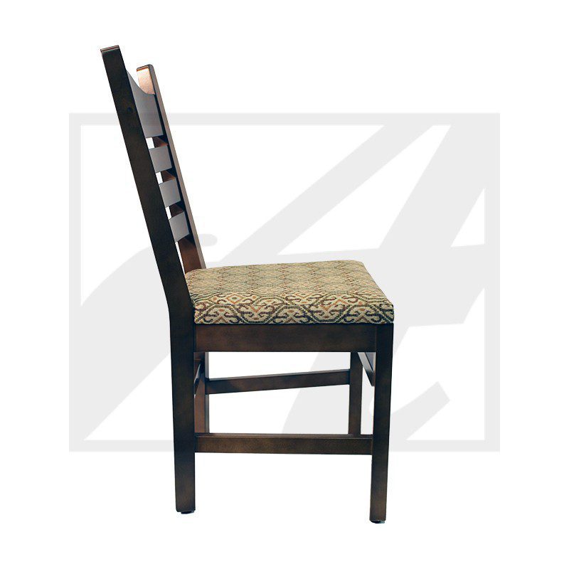 Side view of a wooden chair with woven seat and dark finish.