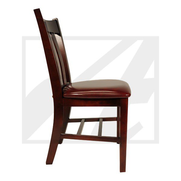 Side view of a wooden chair with a cushioned seat and backrest.